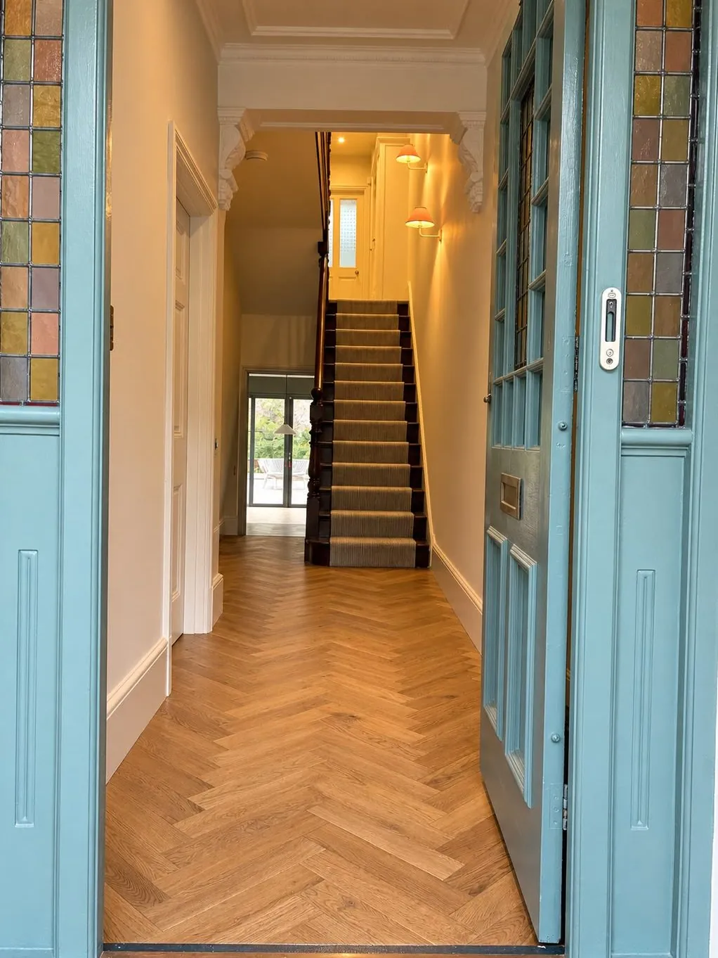 Herringbone oak flooring in a Victorian entrance hall