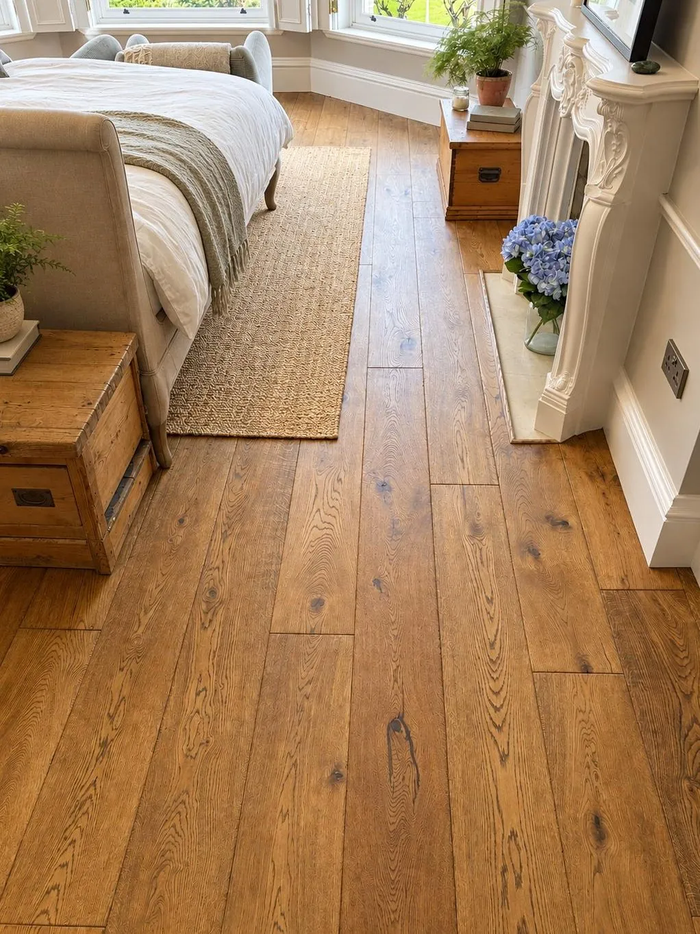 Character oak plank flooring in a bedroom